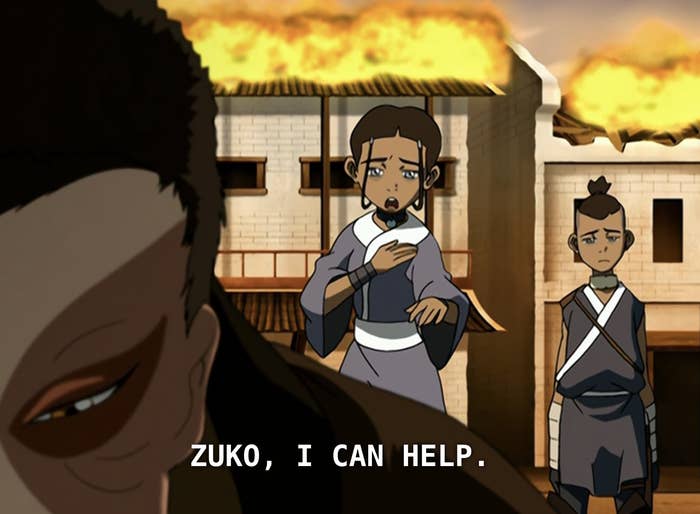 Katara leaning toward Zuko saying, &quot;I can help.&quot;