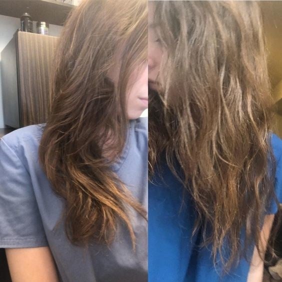 Reviewer&#x27;s before-and-after with frizzy hair and split ends and then with healthier-looking hair and fewer split ends