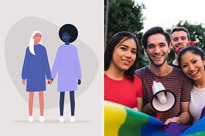 An illustration of a lesbian couple holding hands and a photo of a group of happy protestors