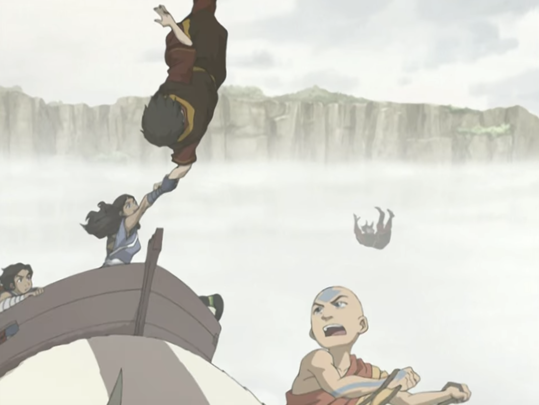 Katara grabbing Zuko&#x27;s hand and saving him from falling to his death.