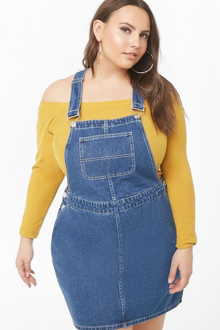 overall dress with off the shoulder shirt