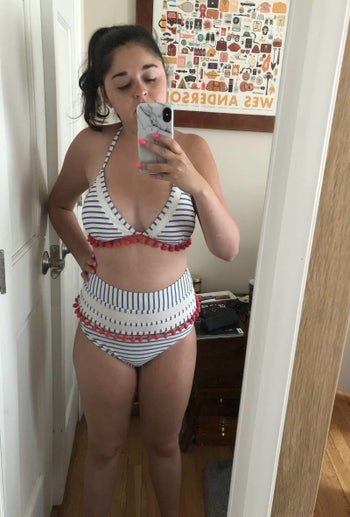buzzfeed editor wearing the bathing suit in red white and blue