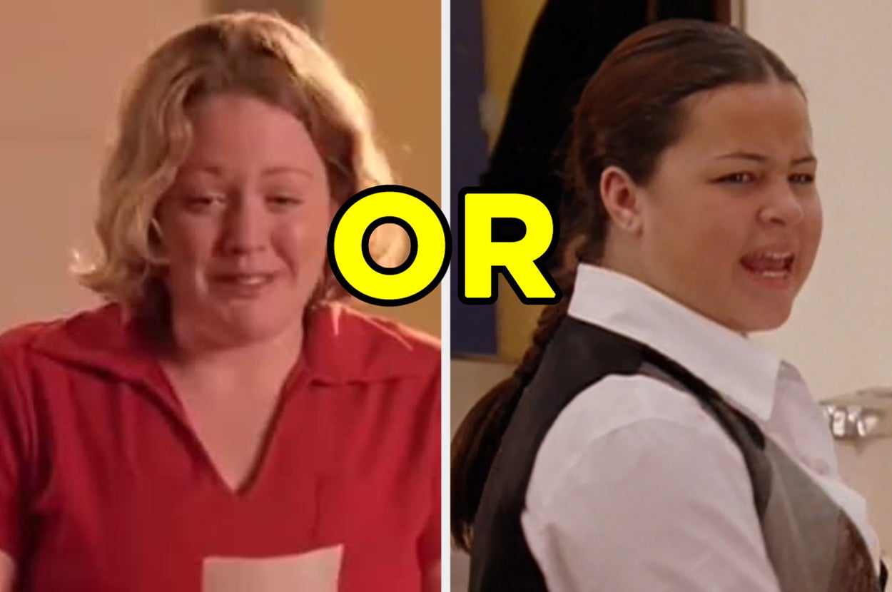 On the left, the girl from Mean Girls who Damian says "doesn't even go here" is crying, and on the right, the girl Damian calls Danny Devito in Mean Girls