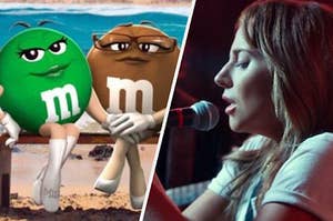 The lesbian green and brown M&Ms holding hands next to Ally from A Star is Born singing