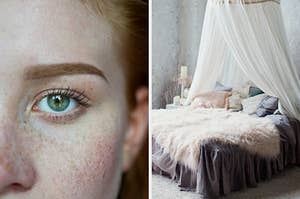 On the left, a close up shot of a person with green eyes and red hair, and on the right, a cozy bedroom with a canopy bed and fuzzy blankets
