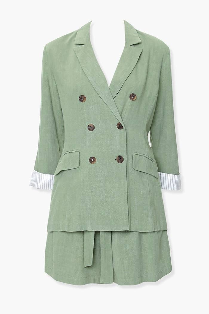 The double breasted blazer with matching light olive paperbag shorts