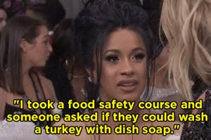 A photo of Cardi B confused that says "Someone asked if they could wash a turkey with dish soap" written over it