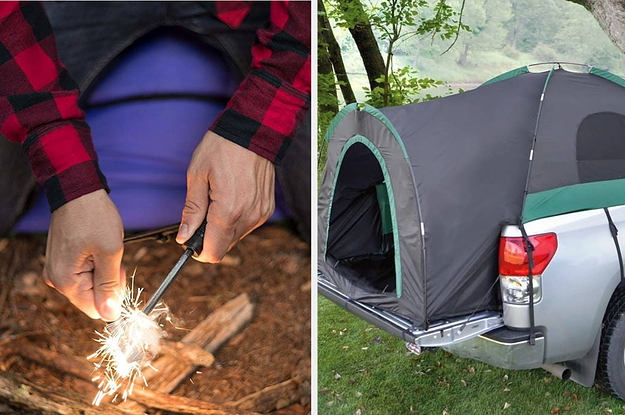 Hands sparking flint and a tent in a truck bed