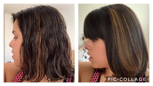 A before/after of a reviewer with wet, wavy hair, and then a sleek but voluminous blowout