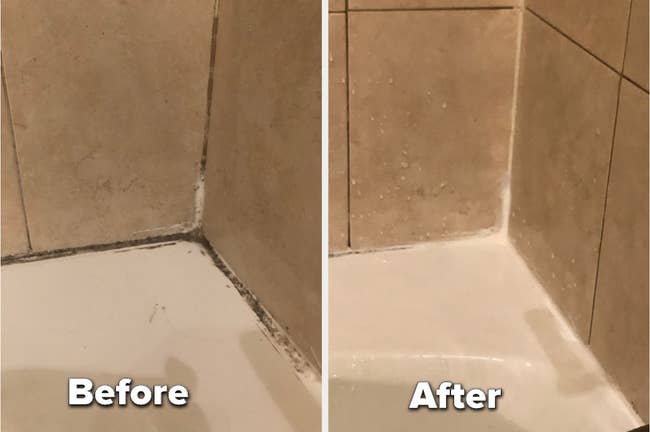 BuzzFeed Shopping editor's before-and-after of a moldy corner of a shower compared to the mold almost completely gone