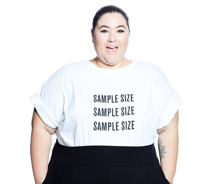 A person wearing the &quot;Sample Size&quot; T-shirt