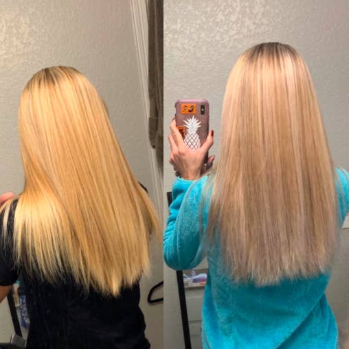 A reviewer showing the before and after using the shampoo with the after having a less yellow hue