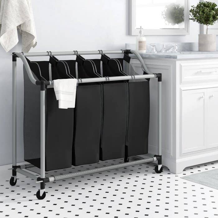 Deluxe quad laundry sorter with rolling wheels and four sorting compartments
