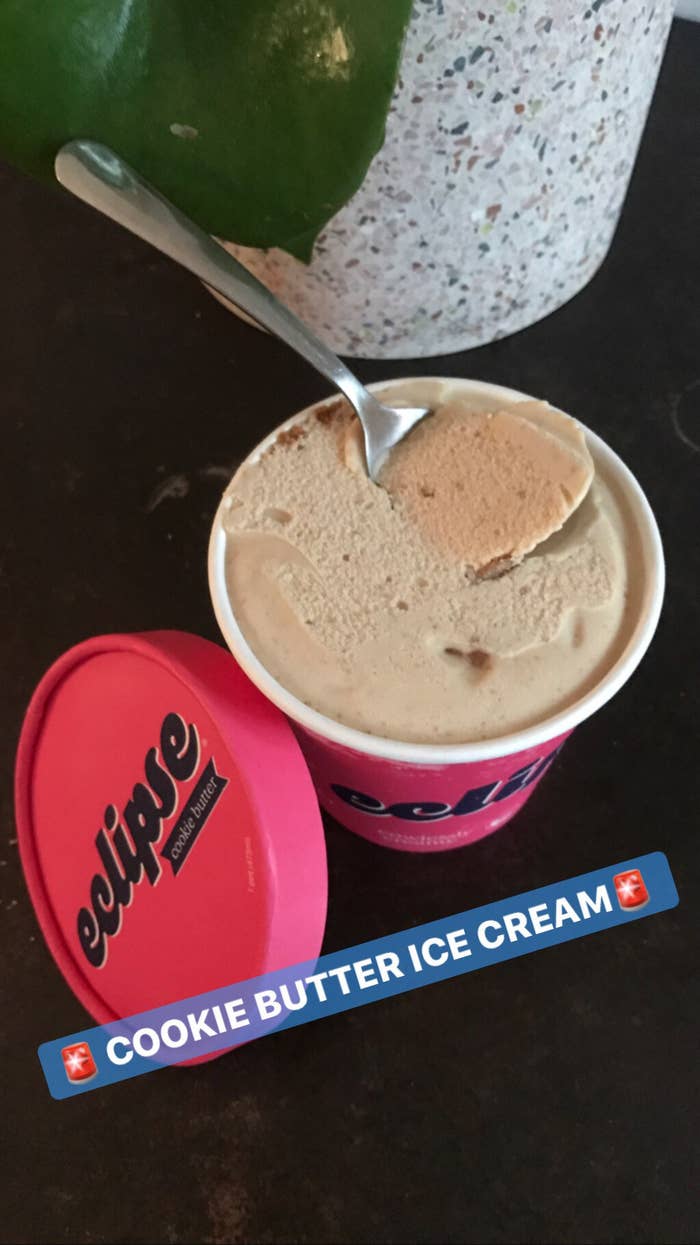 tan colored ice cream in a hot pink pint with caption &quot;cookie butter ice cream&quot; 