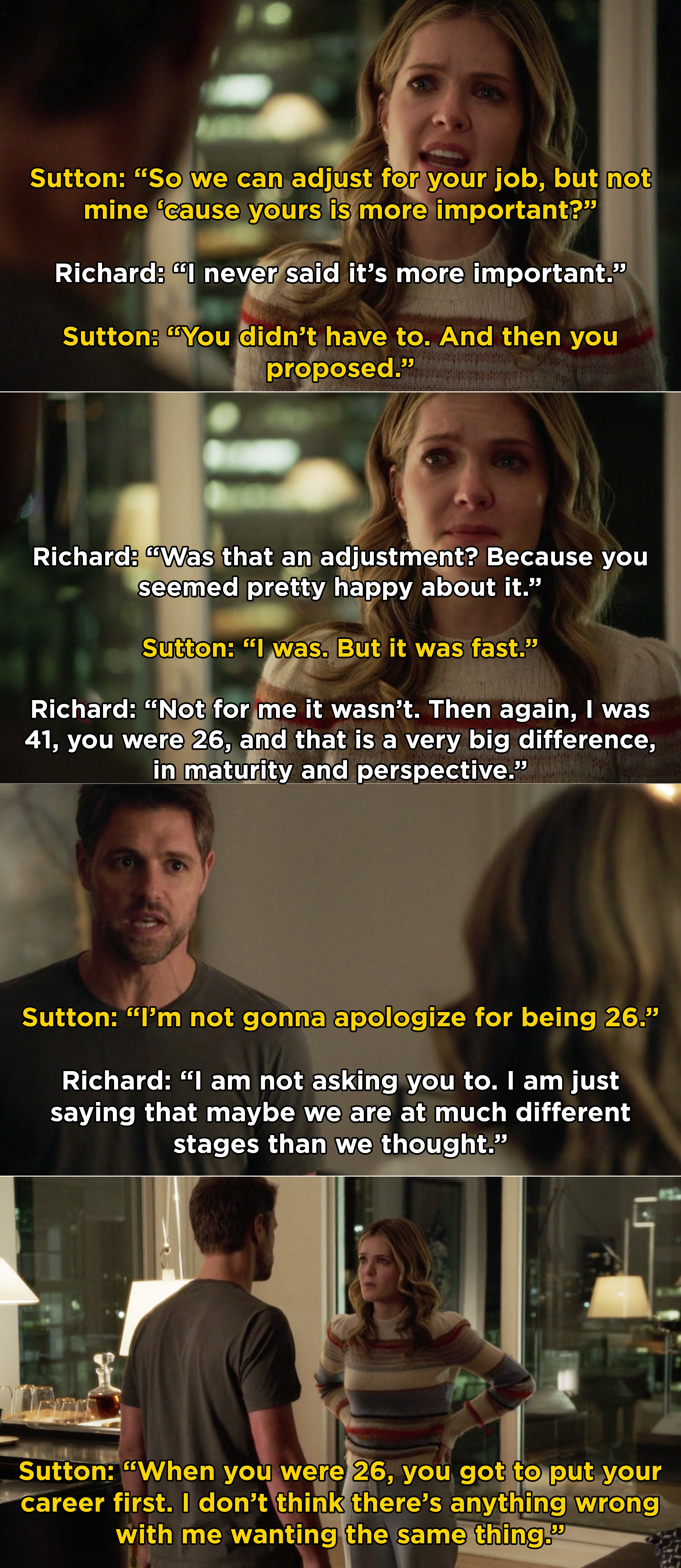 Sutton and Richard fighting and Sutton asking why he was able to put his career first at 26, but he&#x27;s asking her to give up her dreams at 26