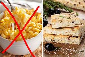 On the left, a bowl of extra cheesy mac 'n' cheese with a bold "x" through the middle of the image, and on the right, focaccia bread with rosemary and olives