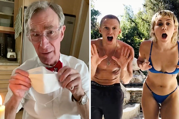 Bill Nye holding a face mask, and Miley Cyrus dancing with Cody Simpson