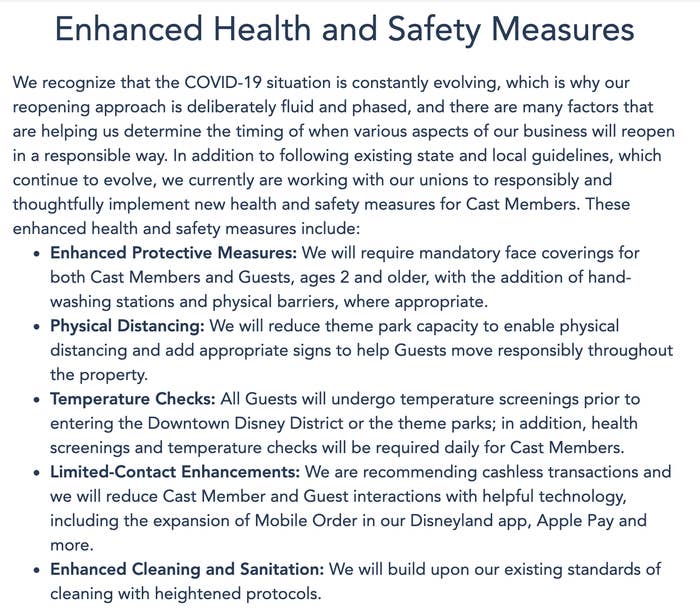 List of safety measures Disney is taking: social distancing, temperature checks, enhanced cleaning, limited contact, and enhanced protective measures.