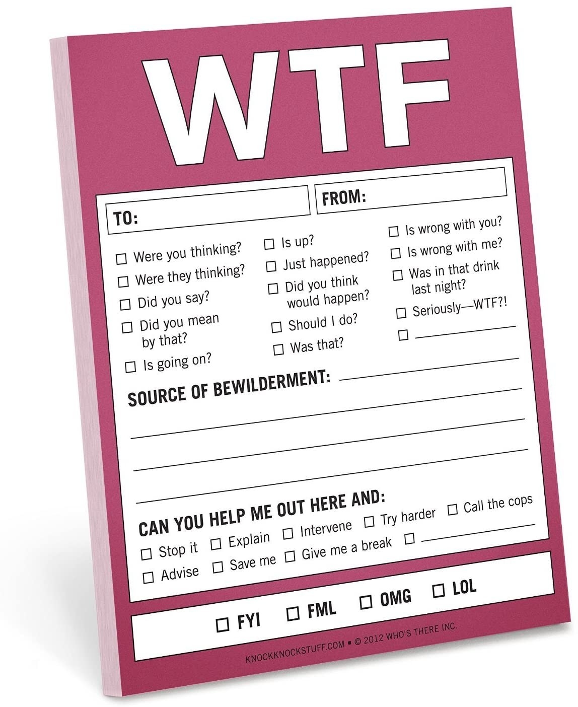 A notepad that says w t f