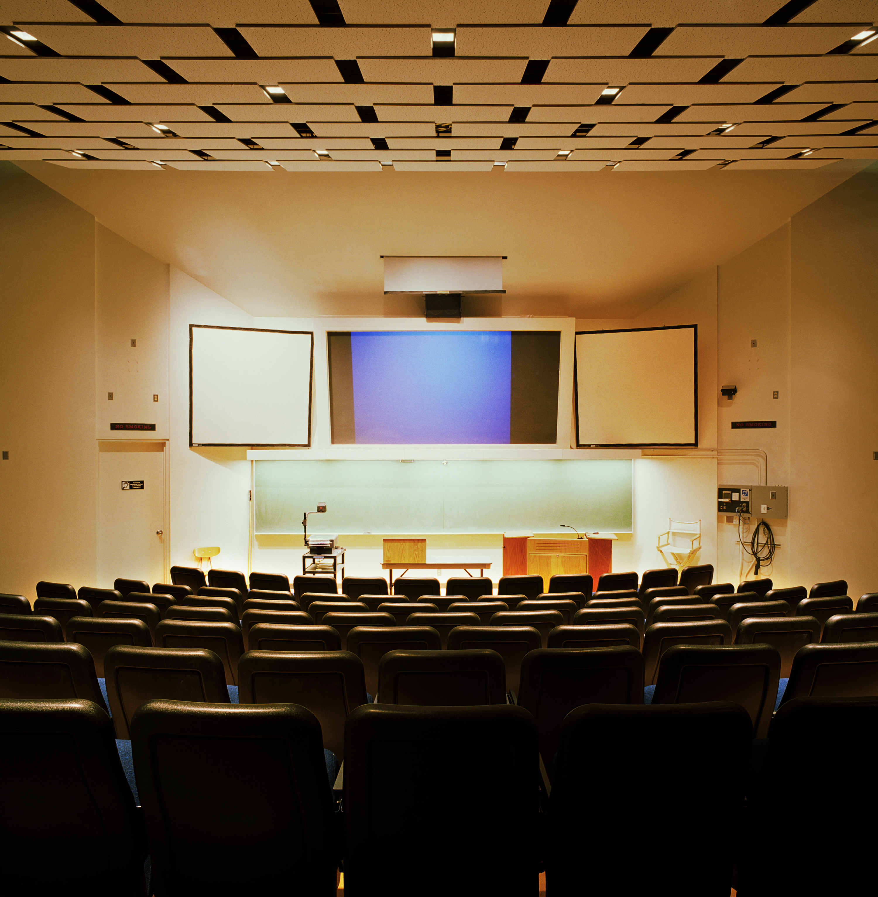 An empty university lecture hall.