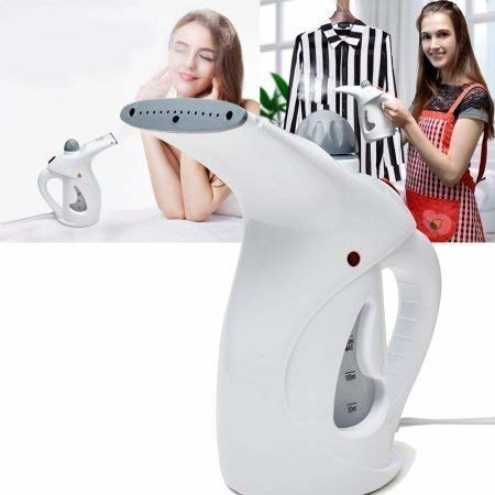A white fabric steamer overlaid over two images of a woman using it to steam her face and to iron her clothes