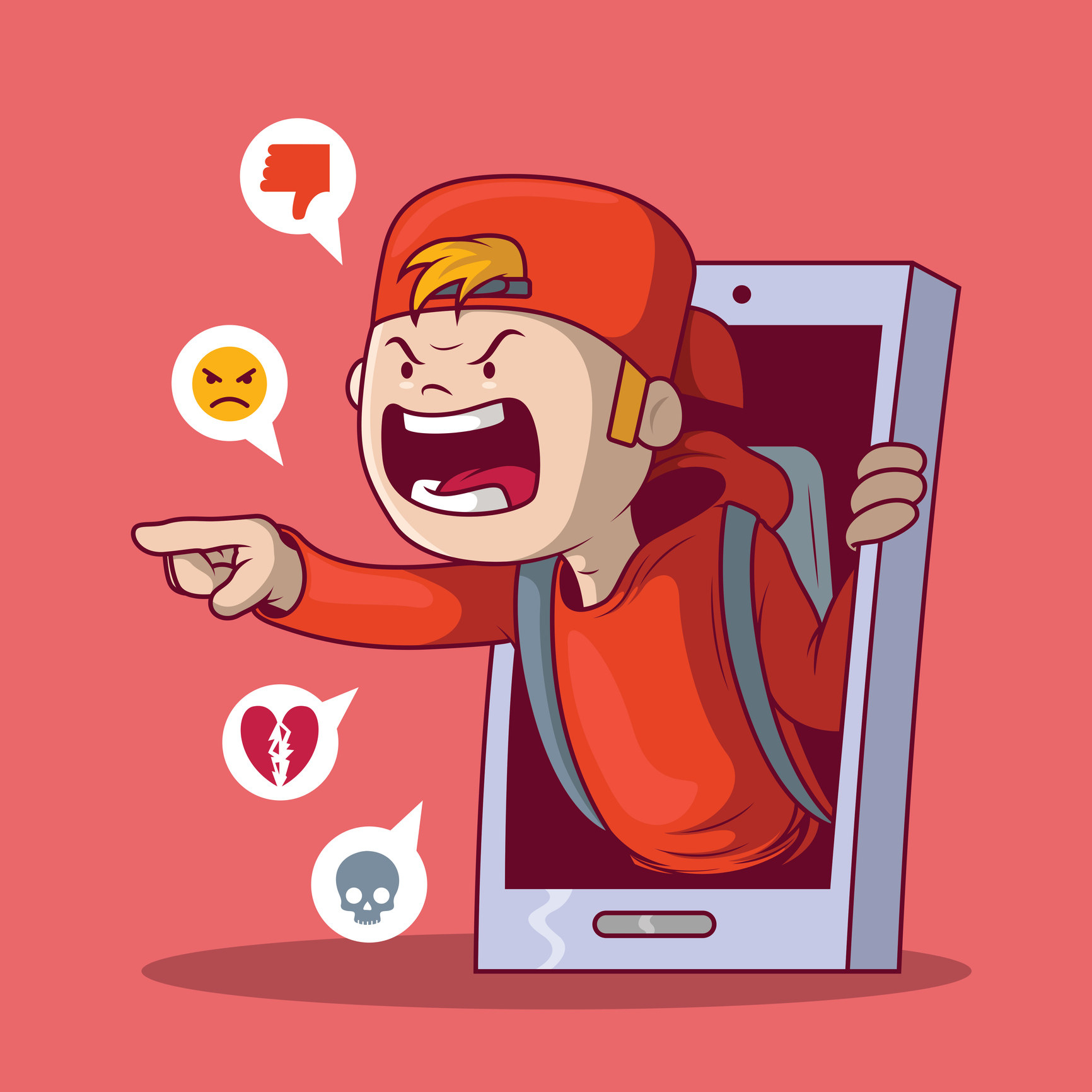 Stock photo of a cartoon boy in a red cap and hoodie coming through a smart phone to troll someone.