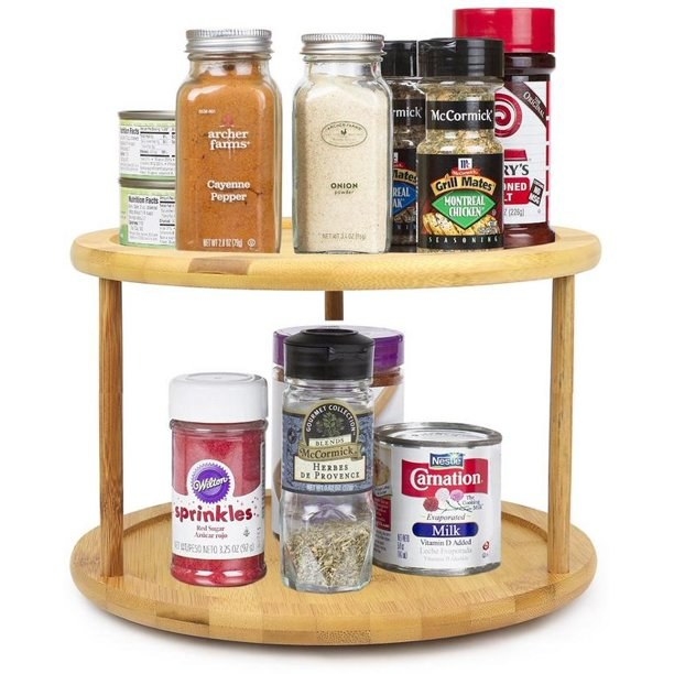 a wooden two tier lazy susan