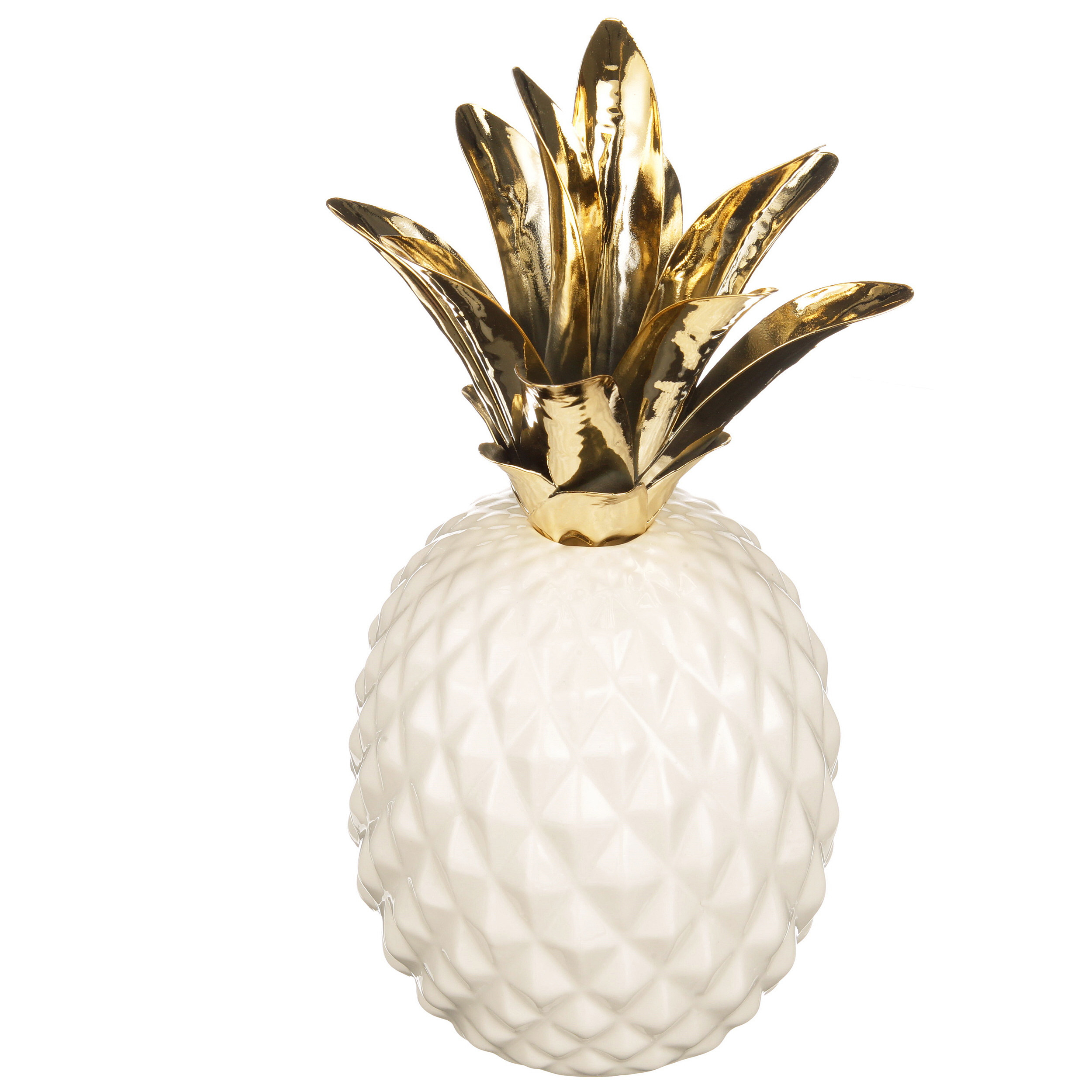 a white pineapple with a gold stem