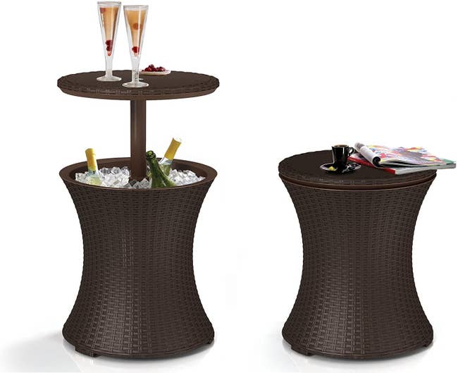 the side table with the top raised to reveal ice and bottles within, also view of the table jut as table