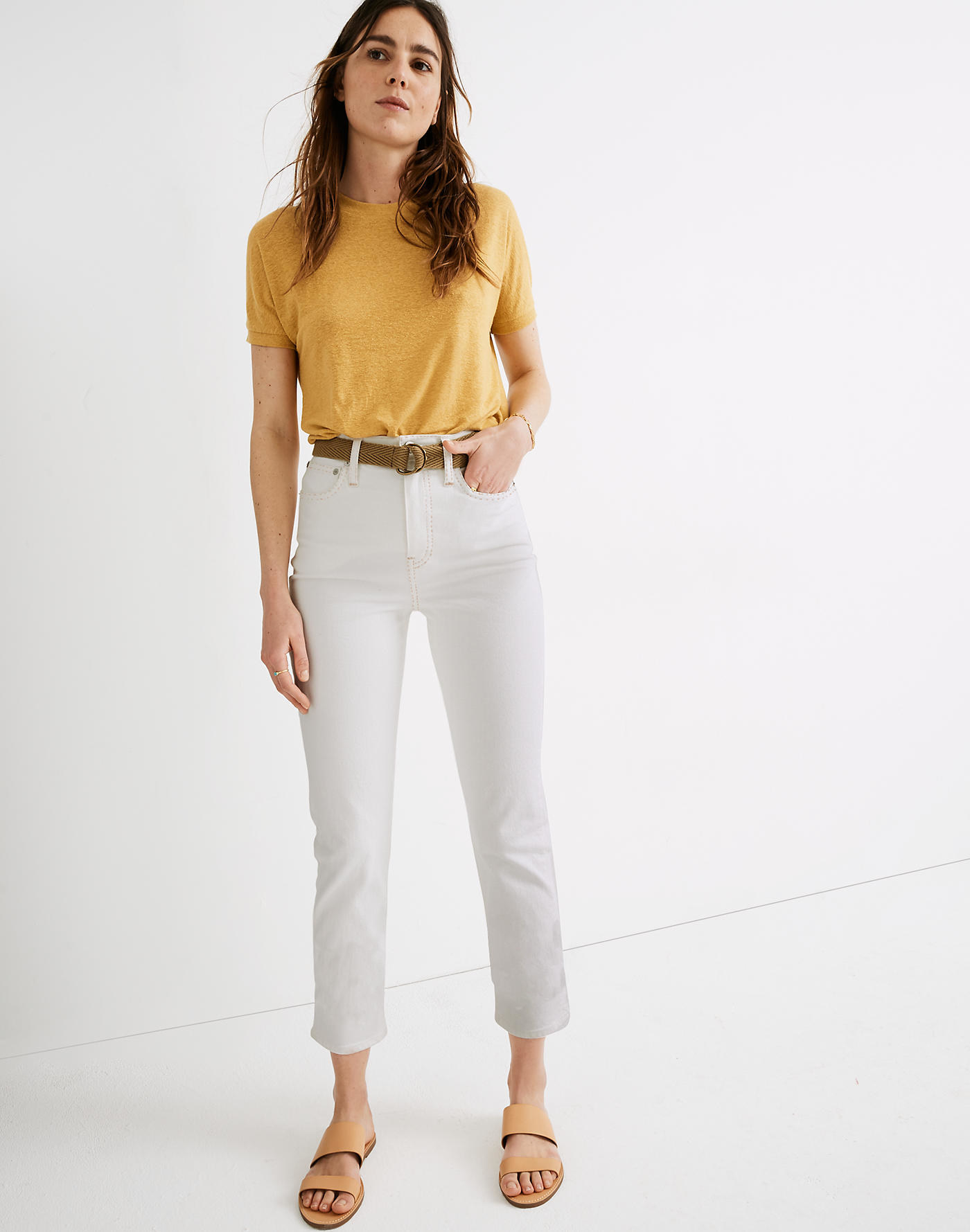 Model wearing the cropped white high-waisted straight jeans 