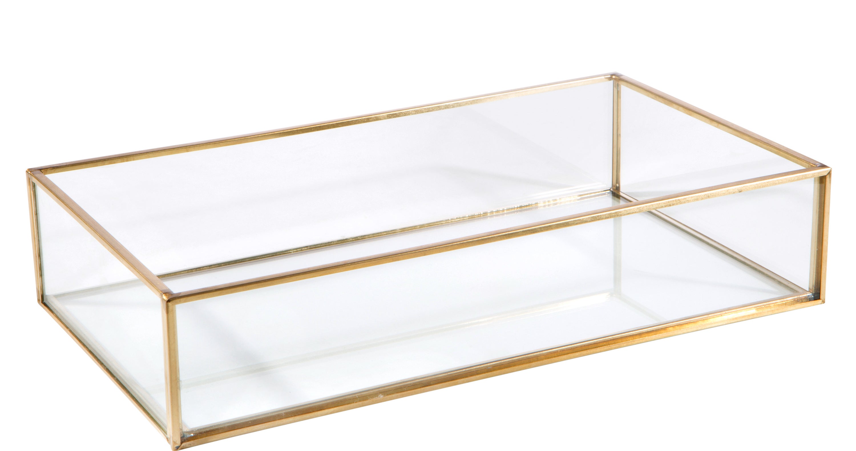 A gold framed rectangular glass vanity tray 
