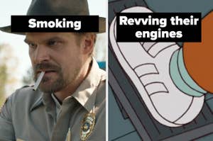 Hopper in "Stranger Things" smoking side-by-side an animated foot on an engine