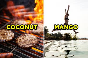 On the left, a BBQ grill with burgers and hot dogs cooking on top and "coconut" typed on top of the picture, and on the right, someone leaps into a pool and "mango" is typed on top of the picture