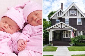 On the left, two twin babies sleep and hold hands, and on the right, a suburban house on the corner of a street with a small front porch