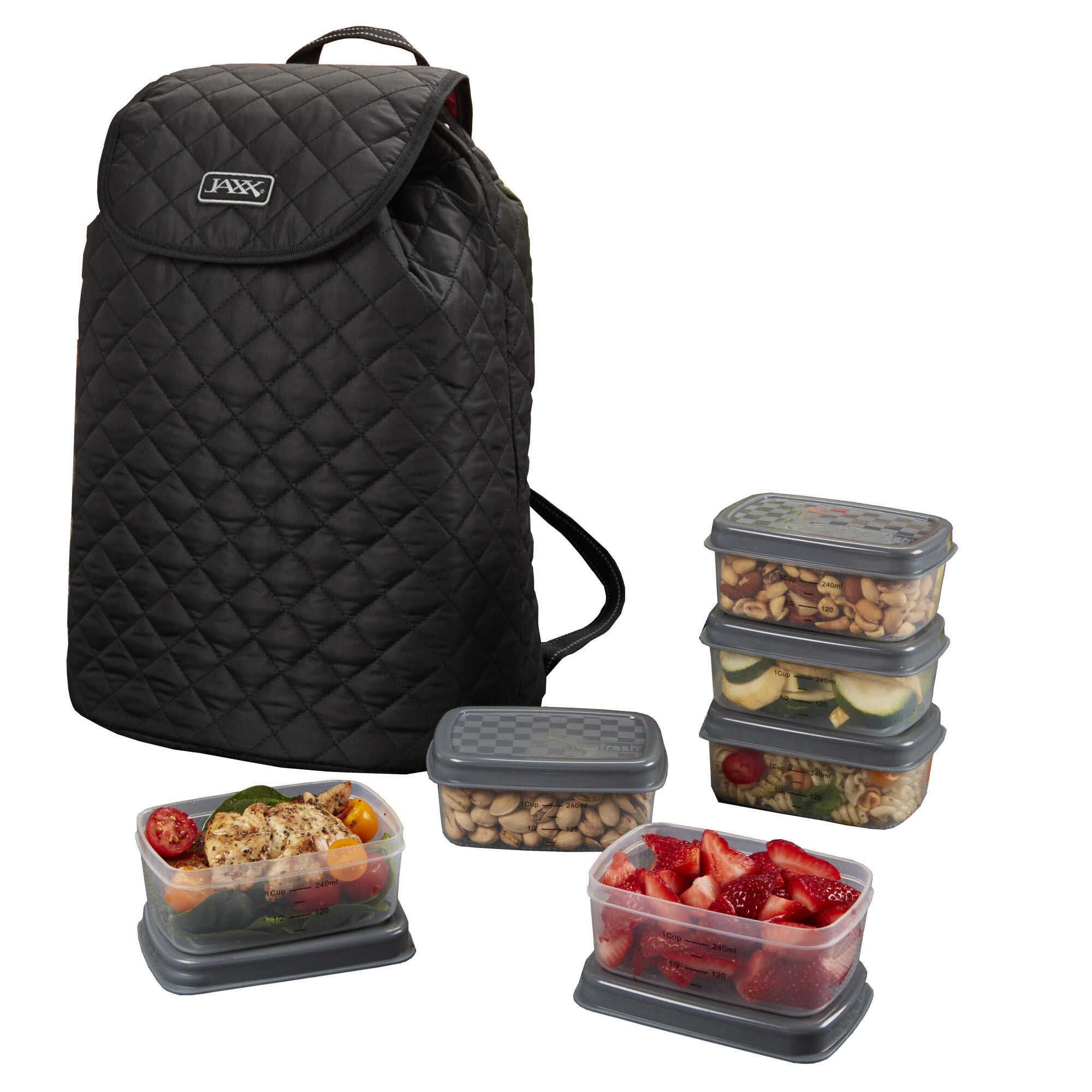 The lunchbox with six separate containers filled with food