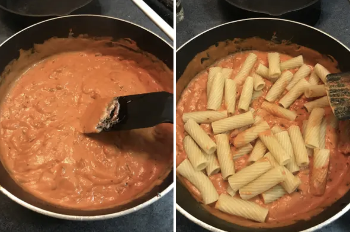 Vodka sauce with pasta cooking in a pot