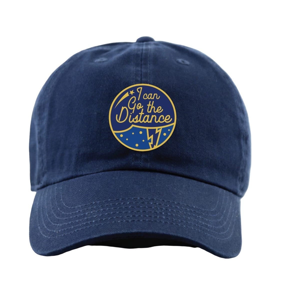 a navy blue baseball cap with a circular patch on the middle that says &quot;i can go the distance&quot; under a shooting star and above a lightning bolt