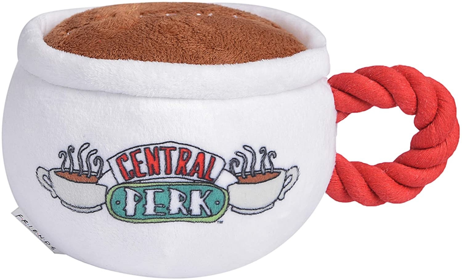 a coffee mug chew toy labeled &quot;Central Perk&quot; 