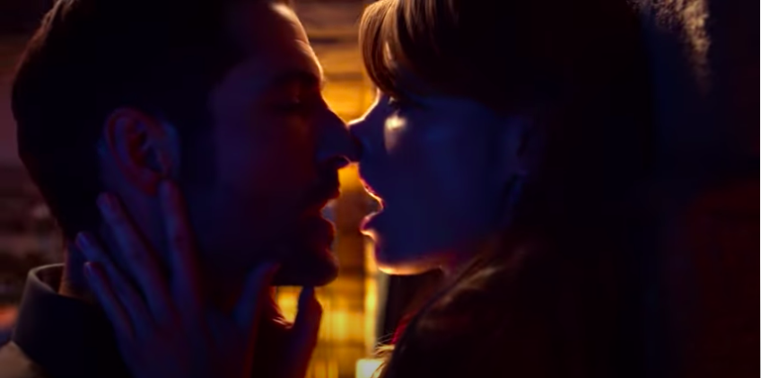 Lucifer and Chloe kissing standing up 