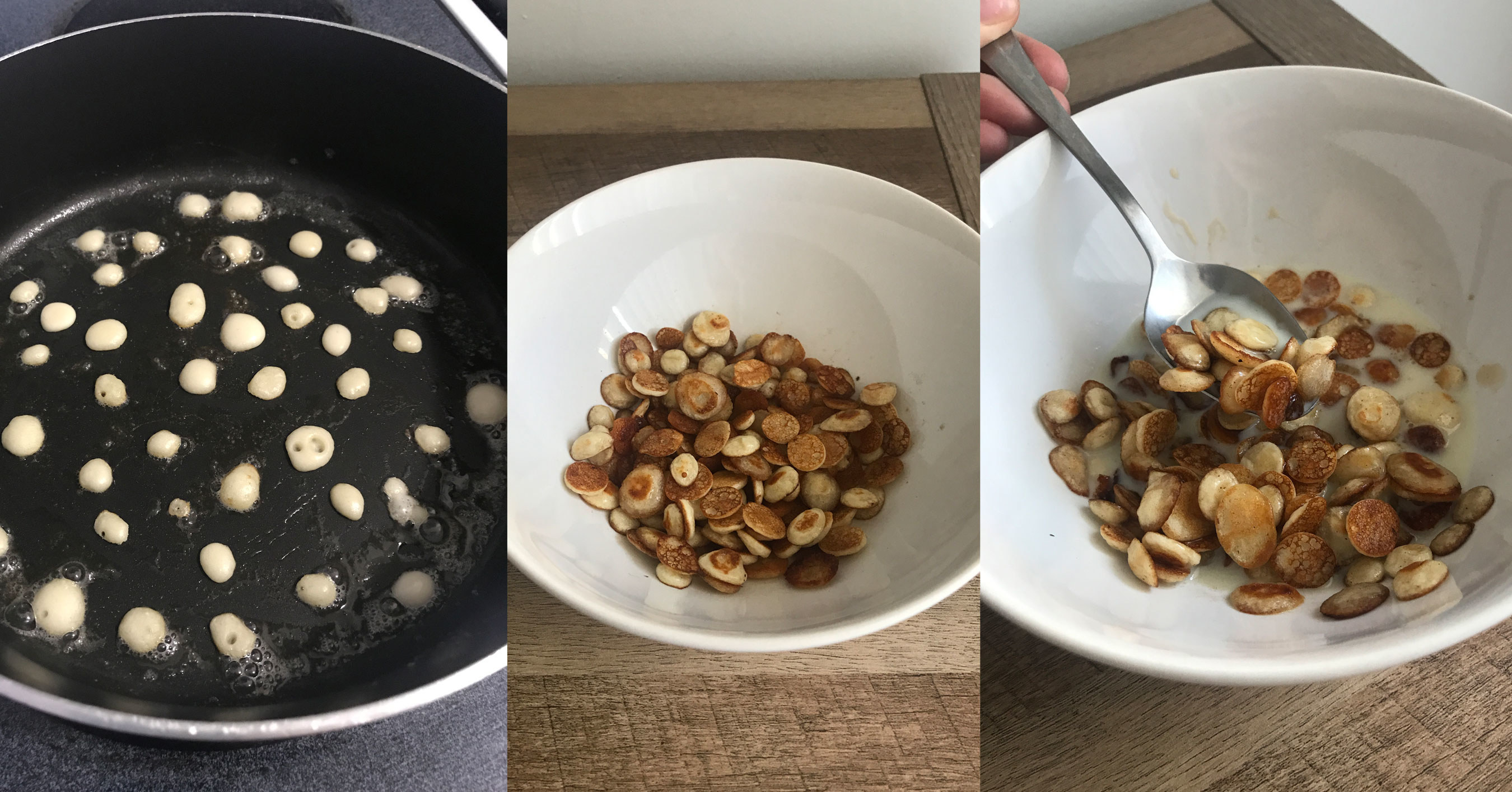 Pancake cereal the size of a dime inside a cereal bowl