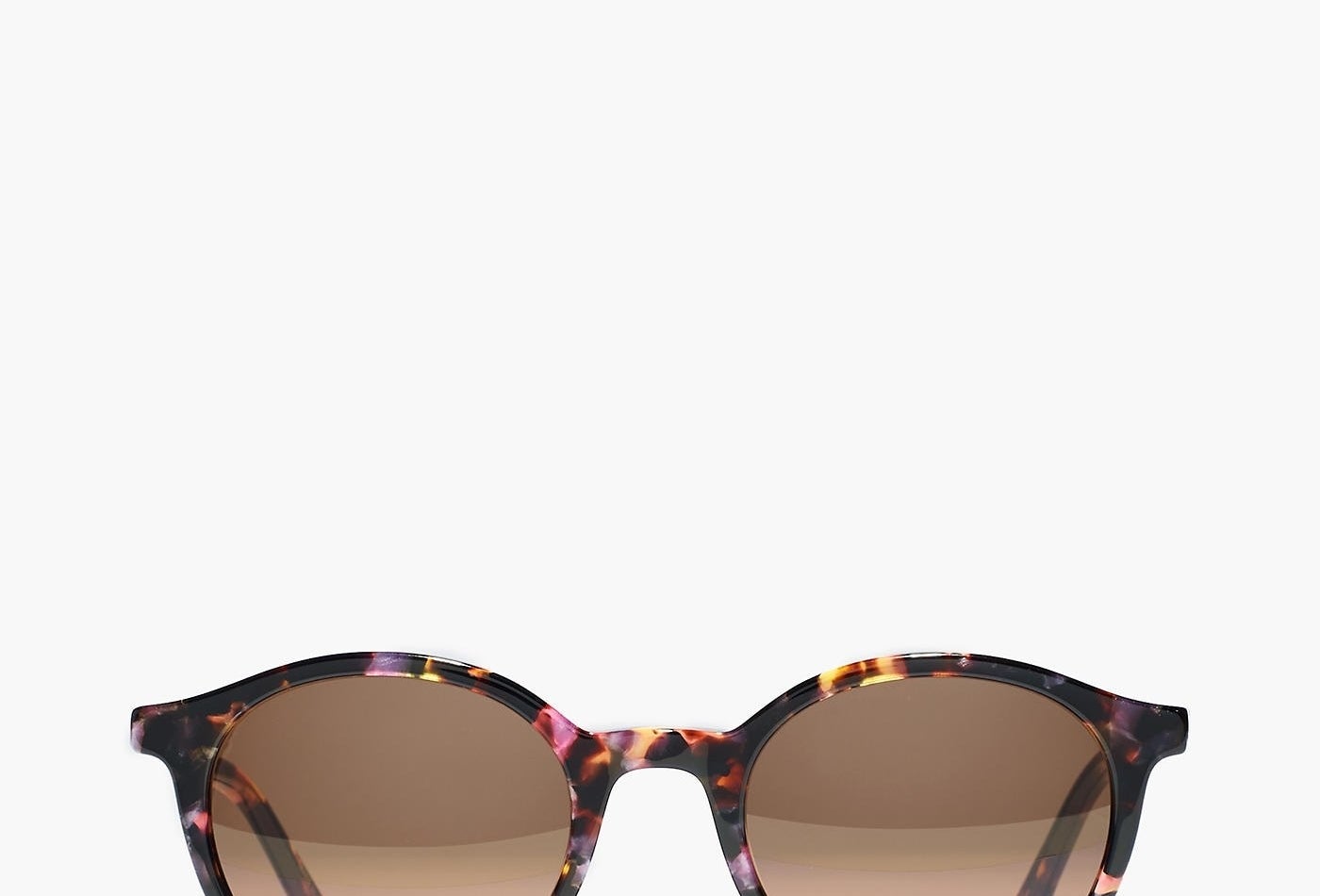 The rounded sunglasses with pink, purple, and brown tortoise-shell and brown lenses
