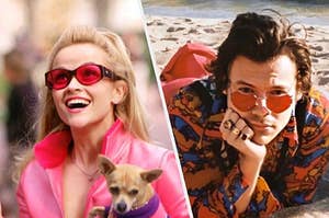 Elle Woods next to Harry styles, both in pink glasses