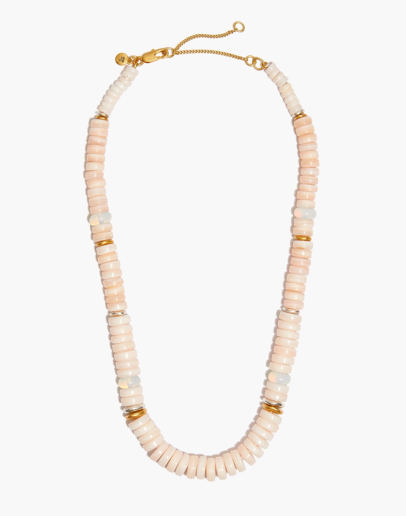 The beaded necklace with a selection of light pink and gold beads