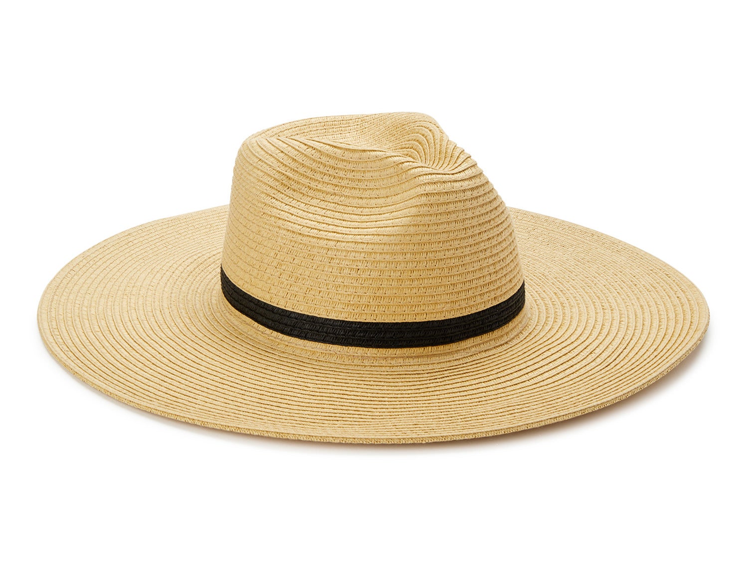 A straw hat with a black ribbon 