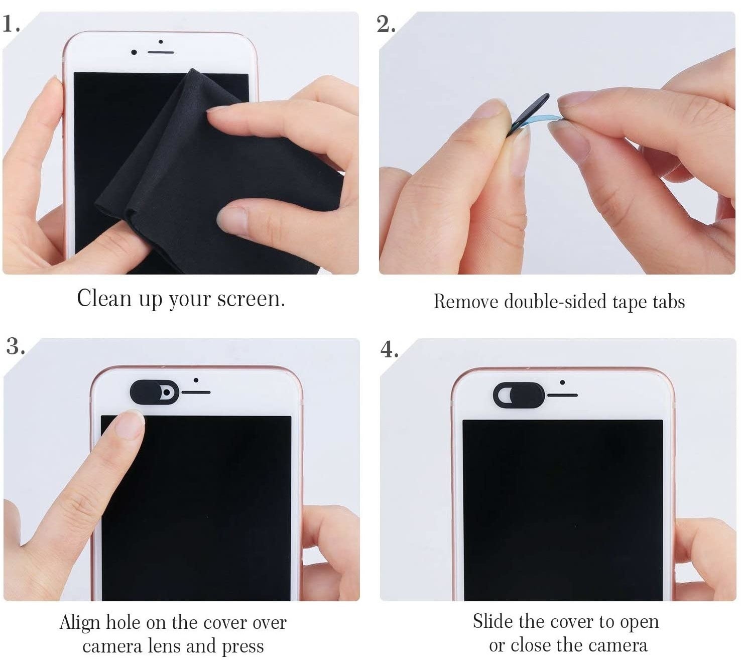A person cleaning a phone screen and applying the sliding cover
