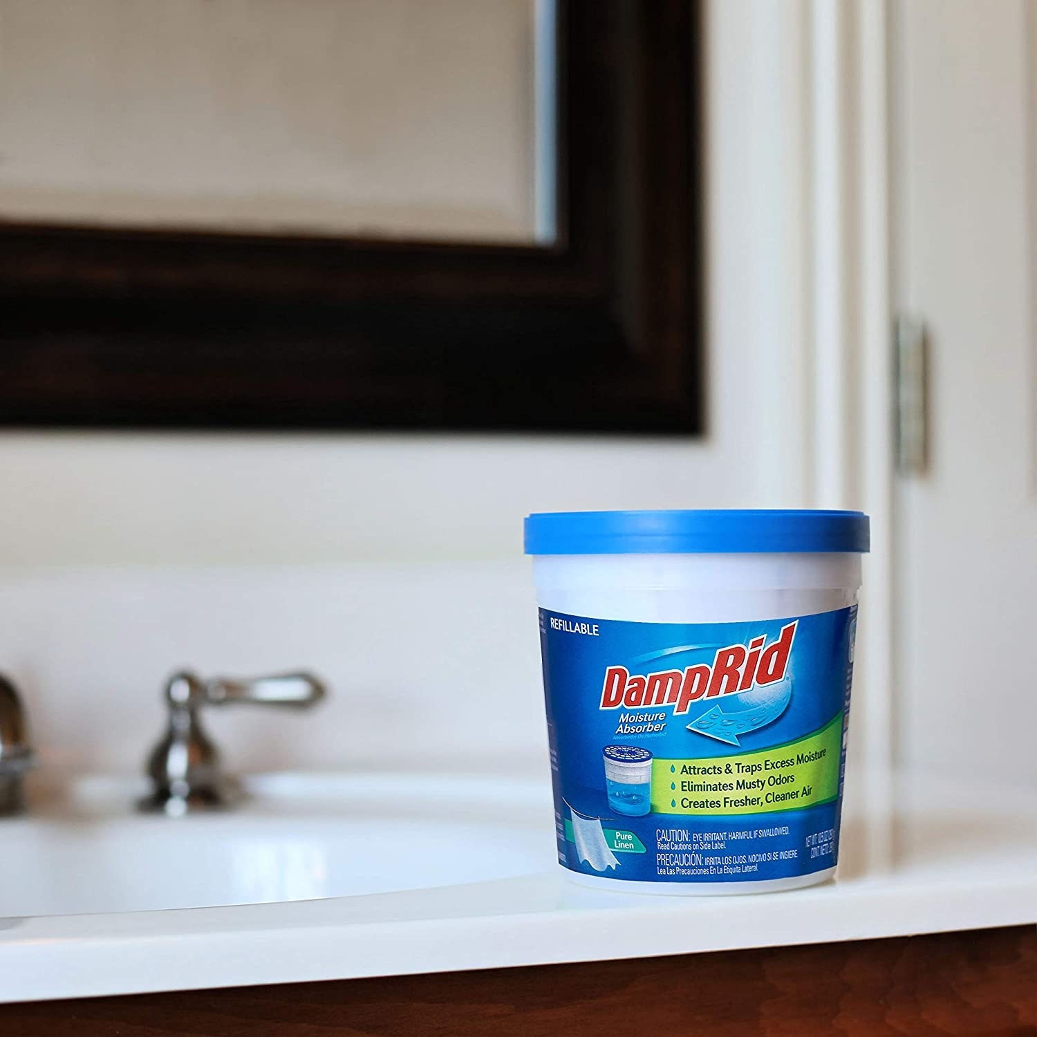 A tub of the product on a bathroom counter