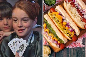 On the left, Lindsay Lohan holds up playing cards as Halle in "The Parent Trap," and on the right, three hot dogs, loaded with onions, mustard, relish, sauerkraut, and jalapeños