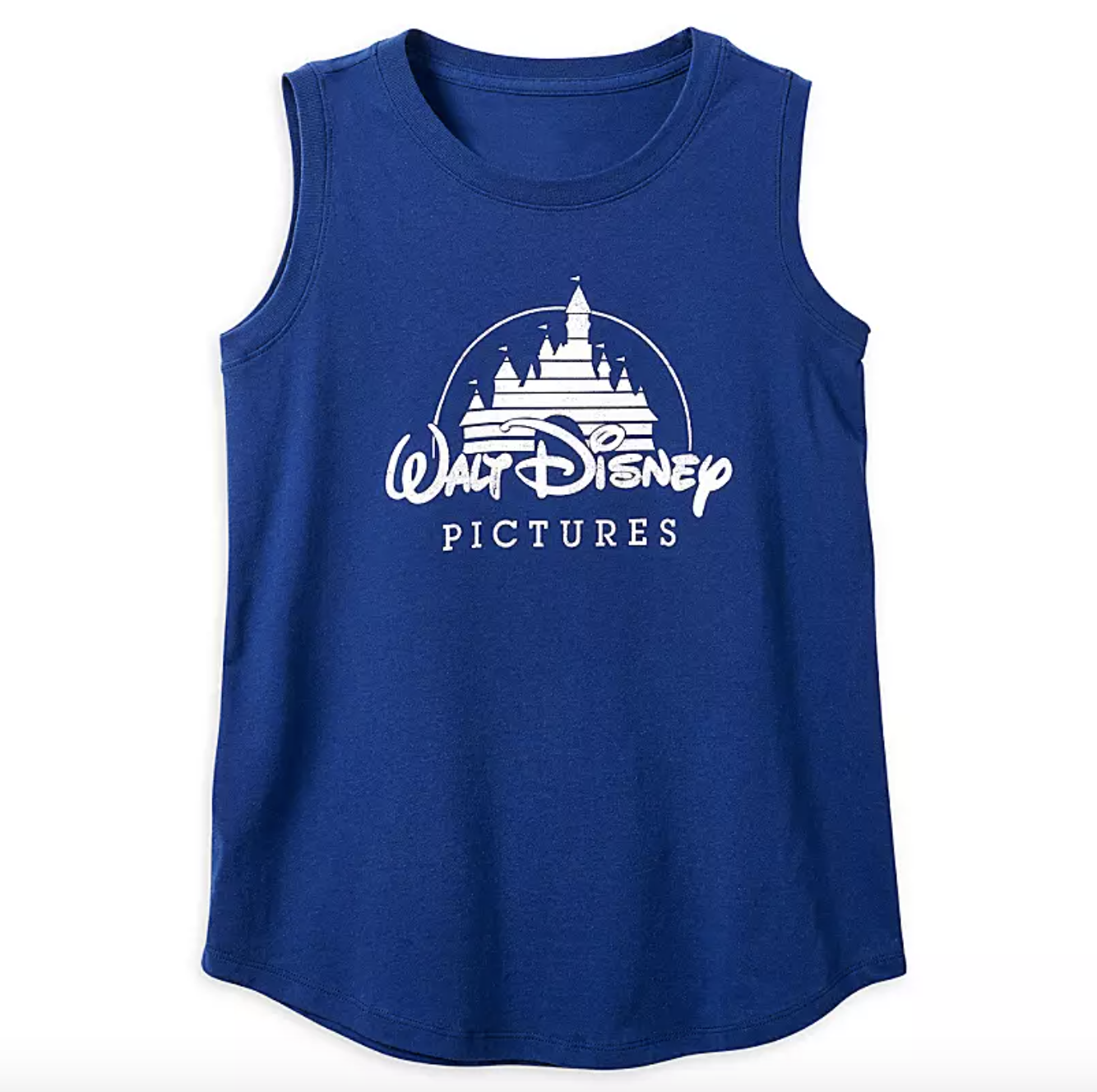 a darker blue tank top with the walt disney pictures logo on it in white