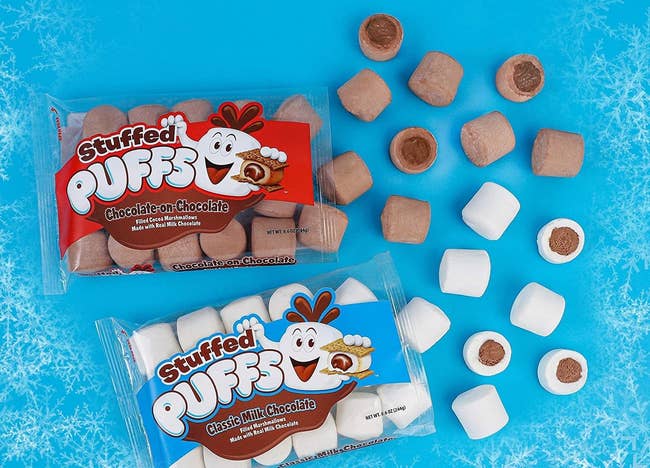 two bags of the marshmallows with marshmallows visible so you can see the chocolate inside