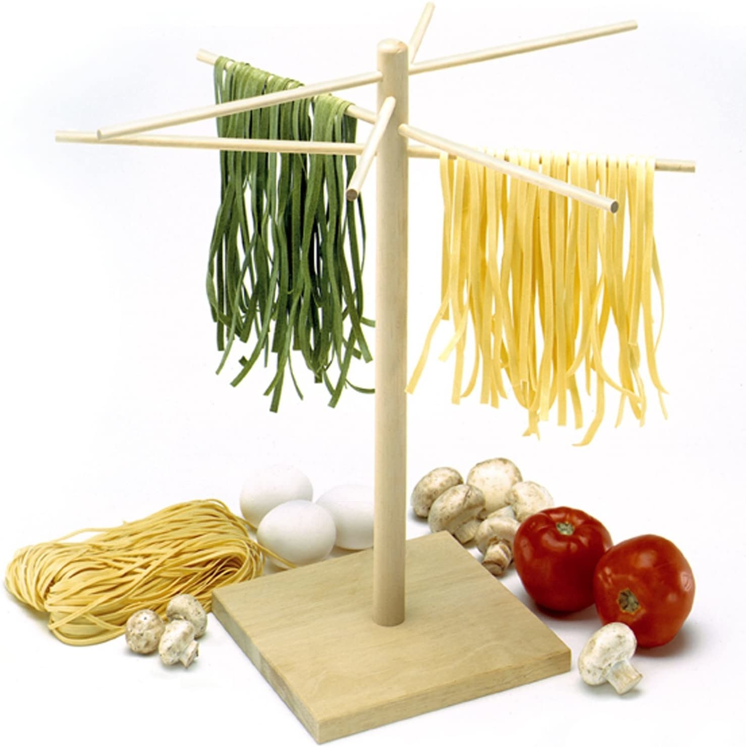 The pasta rack weighed down with two different kinds of noodles